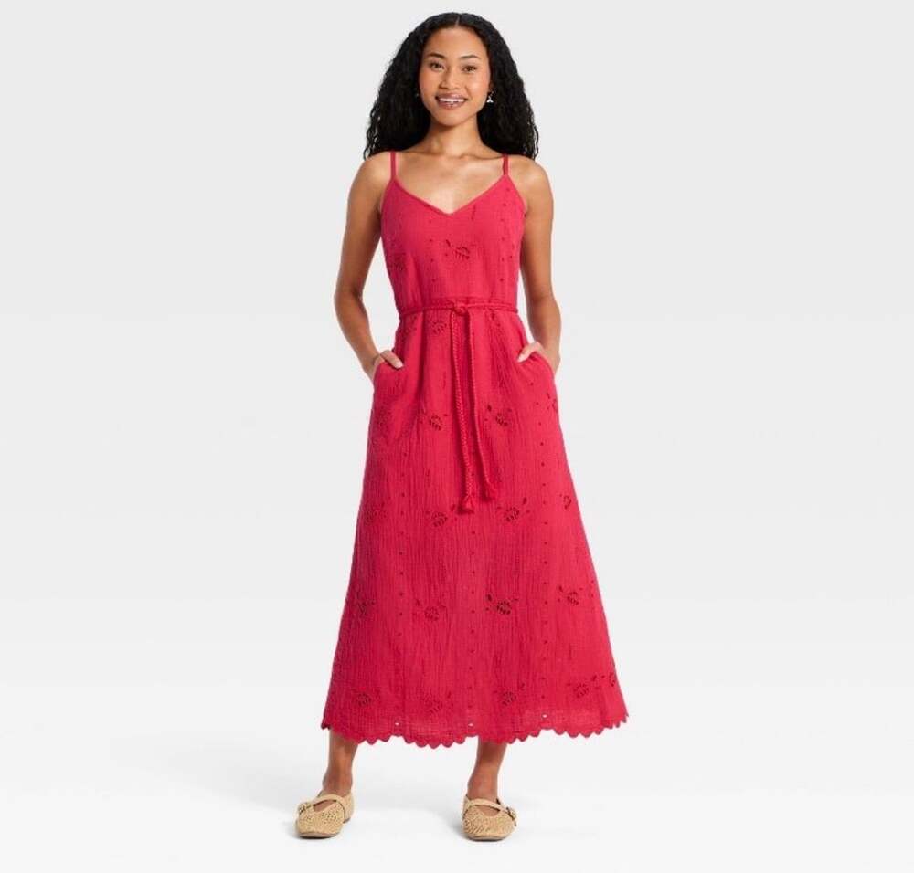 Universal Thread Women's Pink Eyelet Cami Midi Sundress with Belt Size L